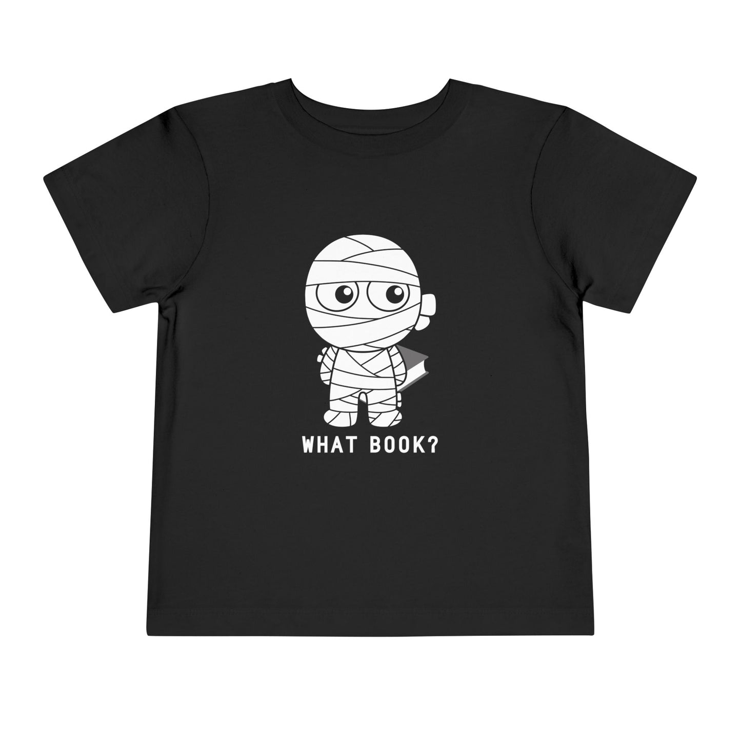 Black toddler t-shirt with a sheepish mummy holding a book behind it's back and text 'WHAT BOOK?' 