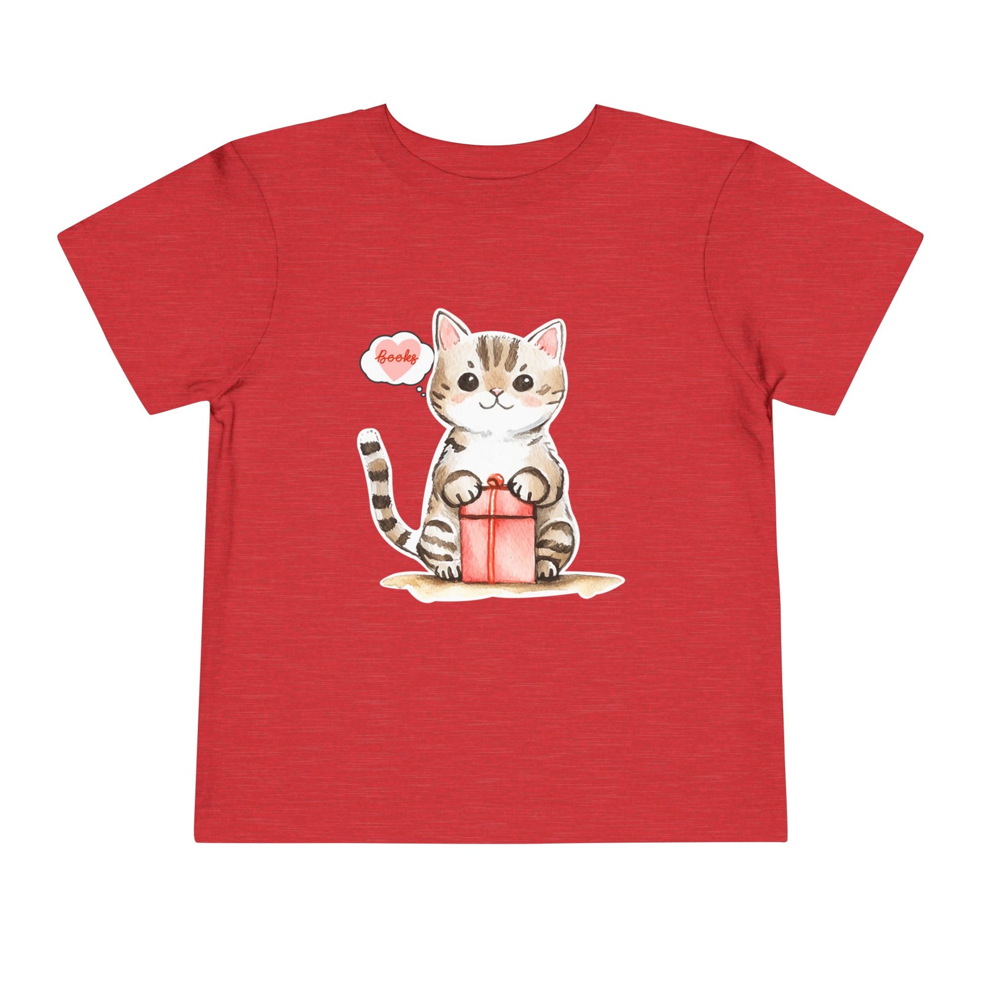 Red toddler t-shirt with a cat holding a gift box and a thought bubble of books, on a white background