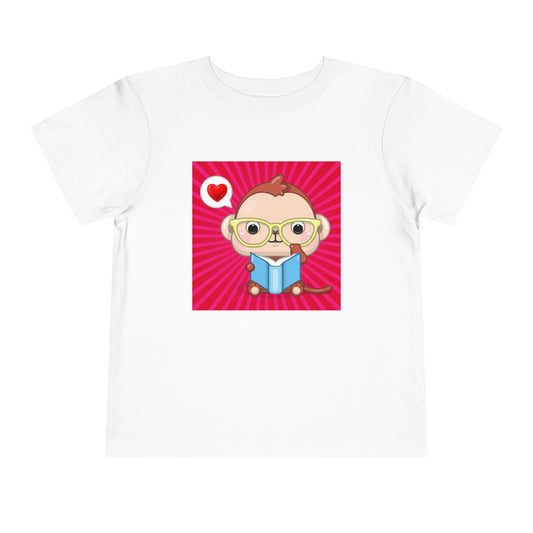 White t-shirt with a cartoon monkey in yellow eye glasses, reading a book, a heart thought bubble and red background