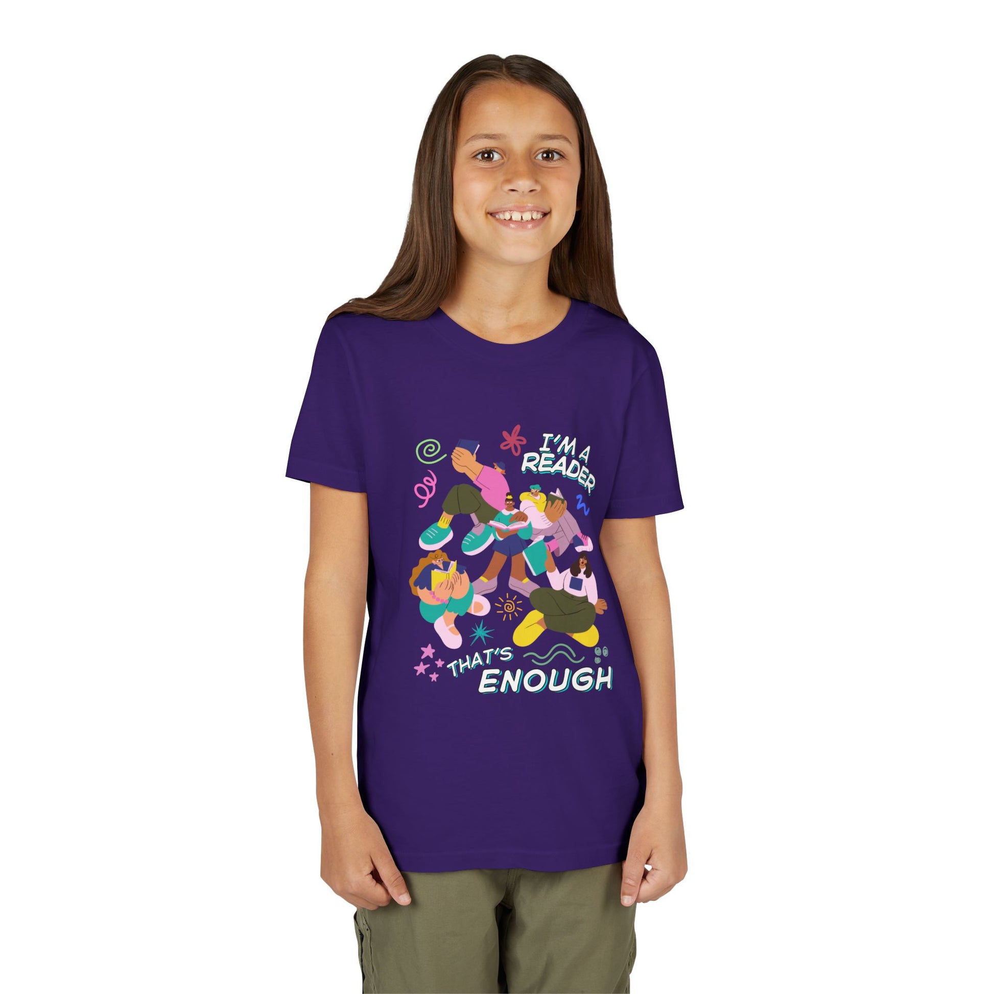 Girl wearing a purple t-shirt with colorful modern graphics of people, fun doodles and text 'I'm a reader, that's enough' 