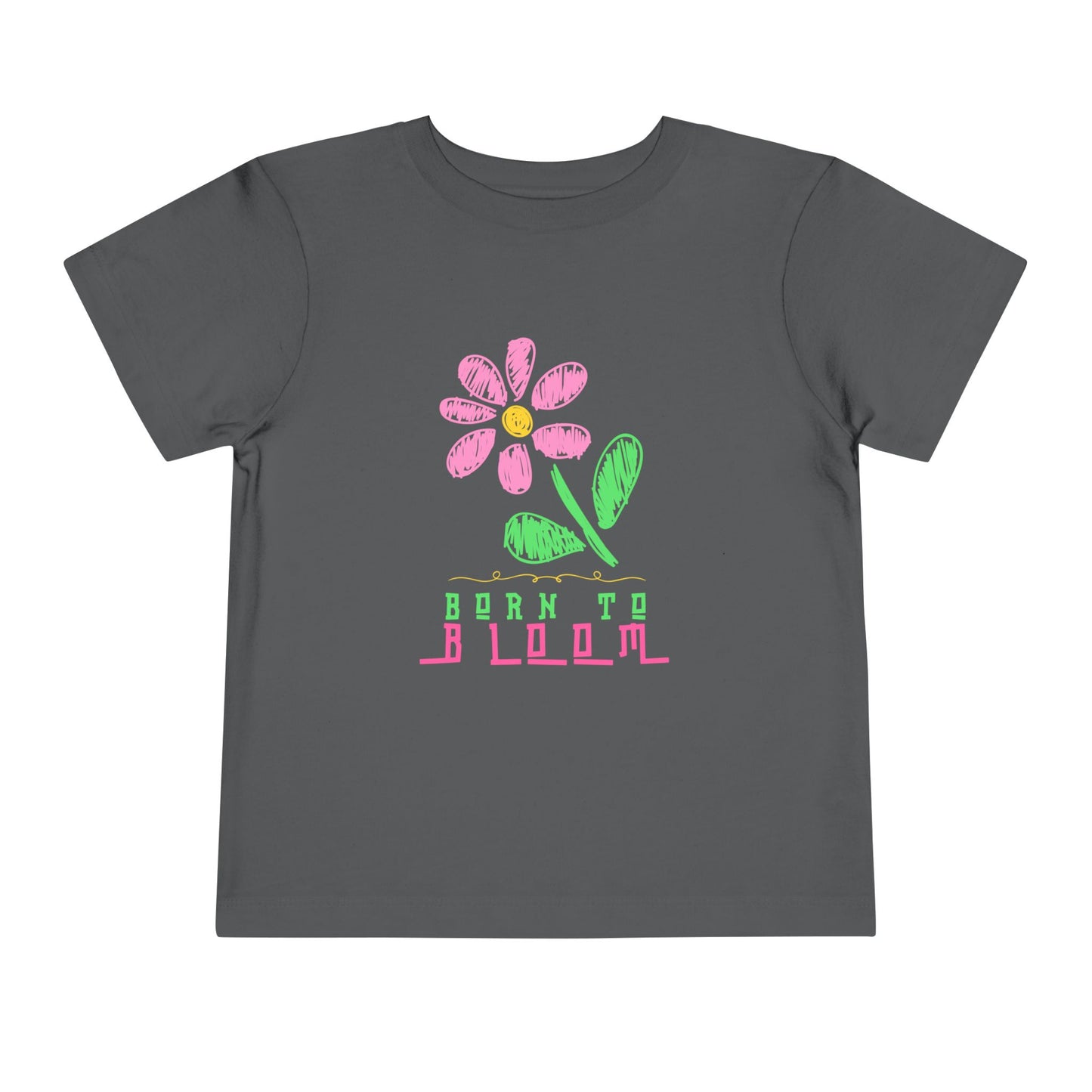Gray t-shirt with a sketched pink flower and 'Born to Bloom' text 