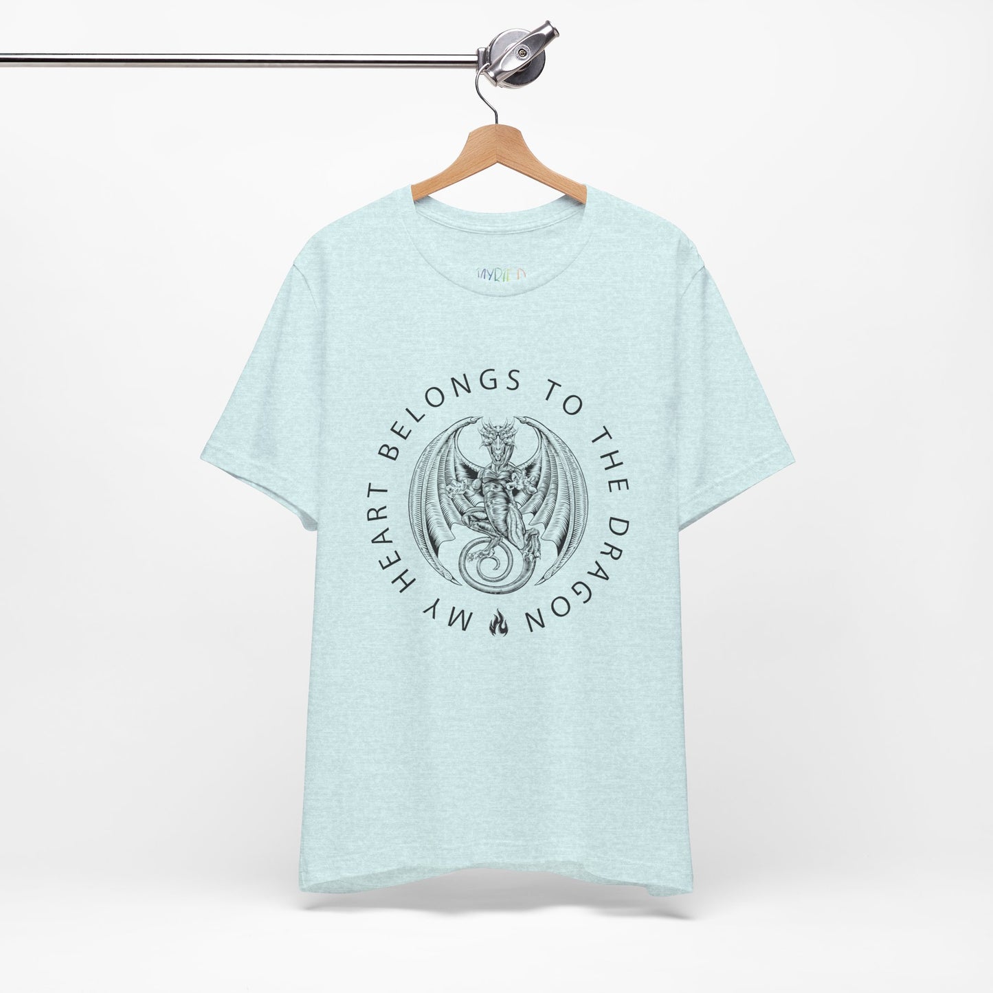 Icy blue t-shirt with dragon graphic circled by text 'My Heart Belongs To The Dragon'