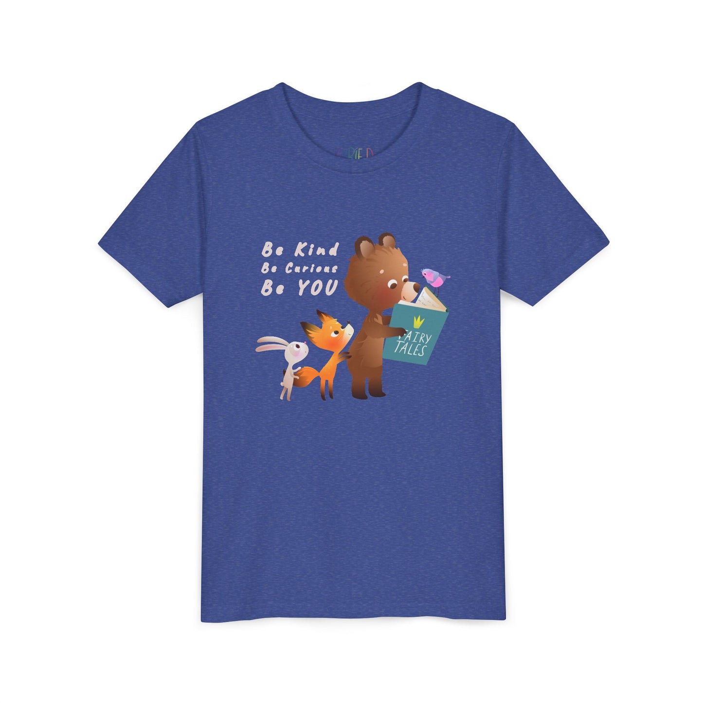 Blue t-shirt with cartoon animals reading a fairy tales book and text 'Be Kind. Be Curious. Be YOU.'
