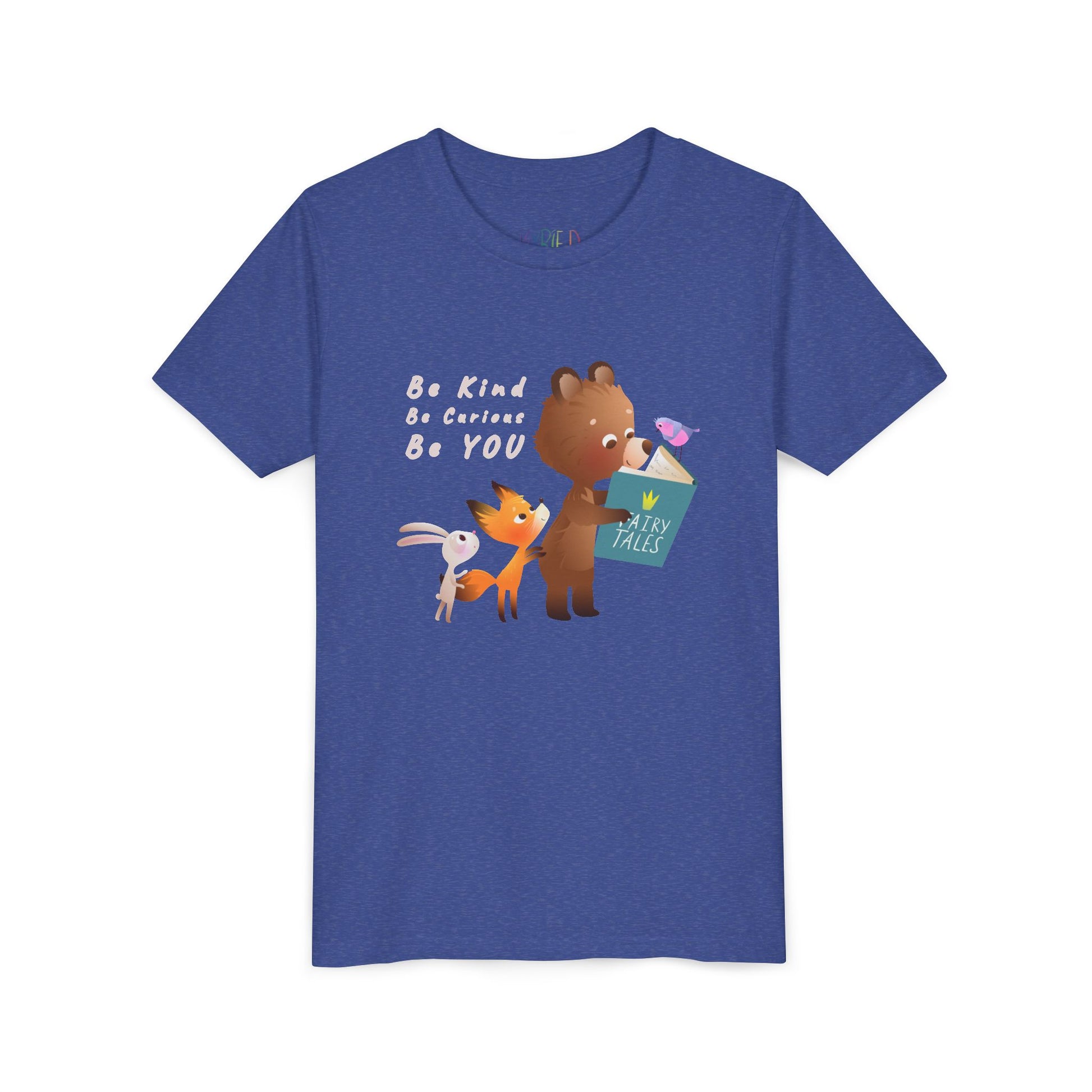 Blue t-shirt with cartoon animals reading a fairy tales book and text 'Be Kind. Be Curious. Be YOU.'