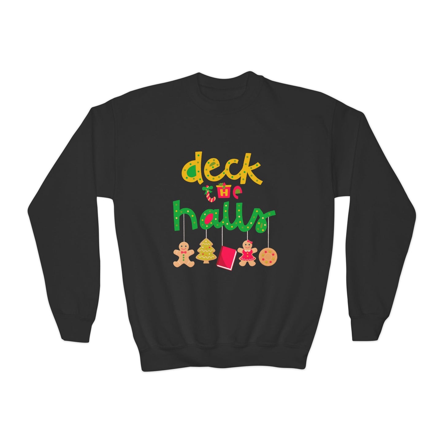 Youth Deck the Halls Sweatshirt â€“ Gingerbread & Holiday Treats Design Printify