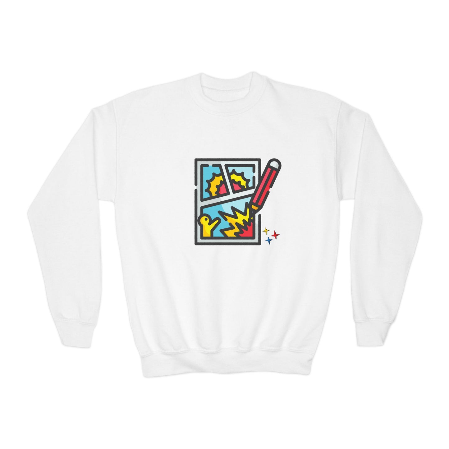White sweatshirt with colorful comic book graphic drawing and pencil