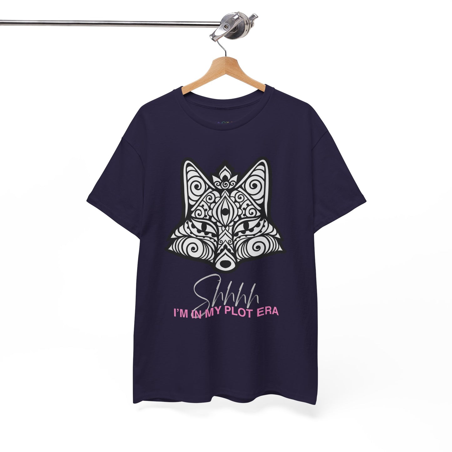 Navy blue t-shirt with white geographic  fox design and text 'Shhhh, I'm In My Plot Era'