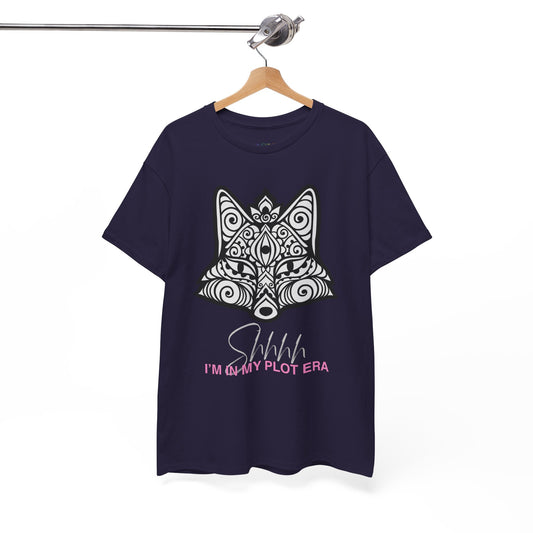 Navy blue t-shirt with white geographic  fox design and text 'Shhhh, I'm In My Plot Era'