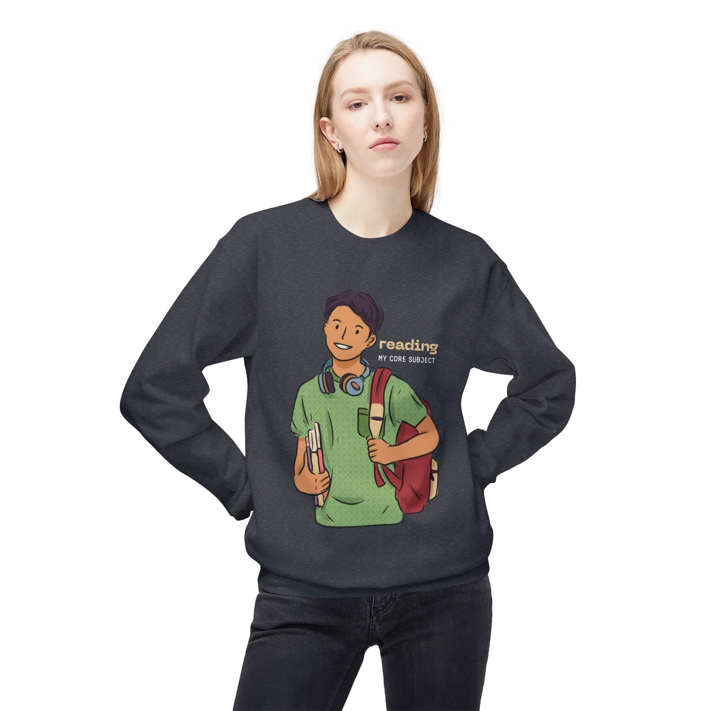 Woman wearing a gray sweatshirt with a graphic of a person holding books and a backpack, with 'reading my core subject' text.