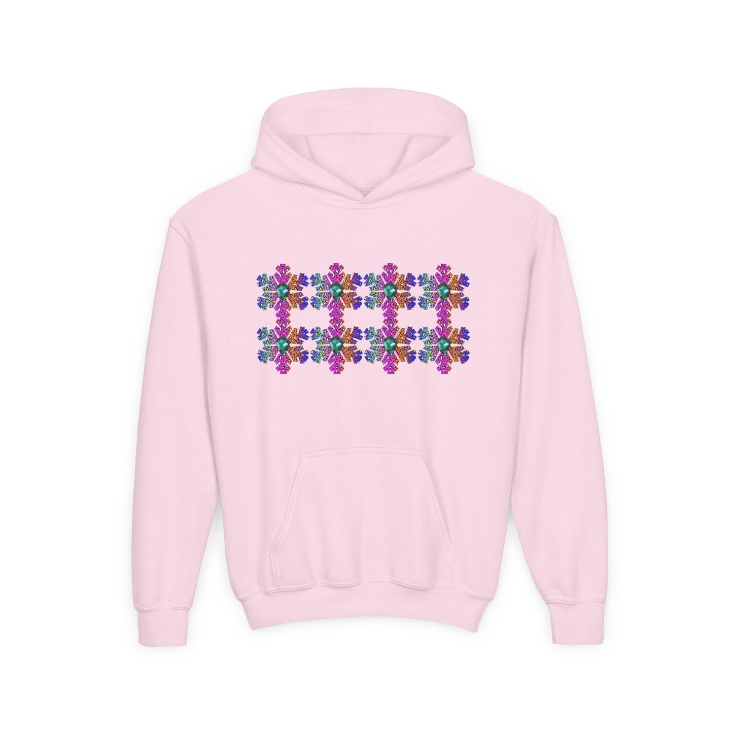 Pink hoodie with colorful a snowflake design on a white background