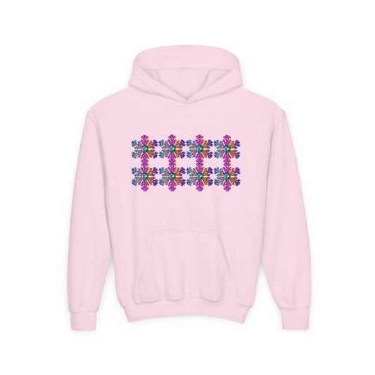 Pink hoodie with colorful a snowflake design on a white background