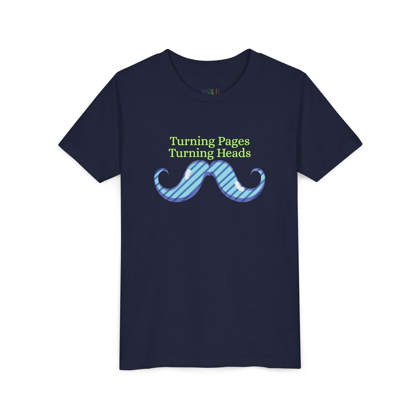 Navy blue t-shirt with a mustache graphic and text 'turning pages turning heads'
