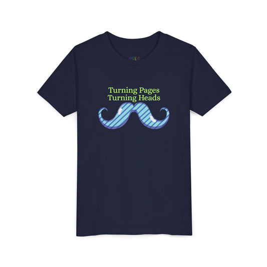 Navy blue t-shirt with a mustache graphic and text 'turning pages turning heads'