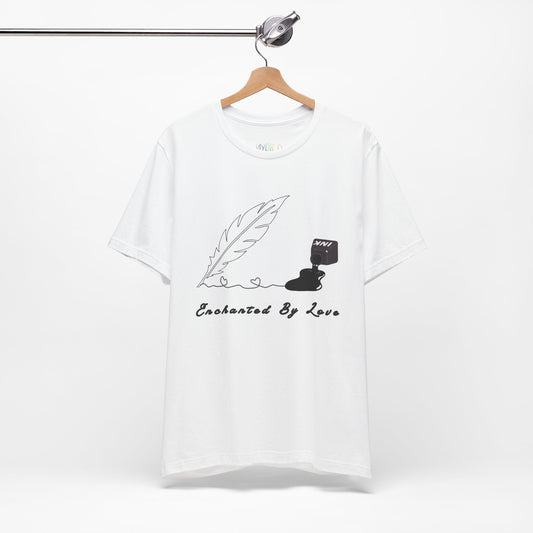 White t-shirt with a black sketched feather quill, spilled ink and text 'Enchanted By Love'