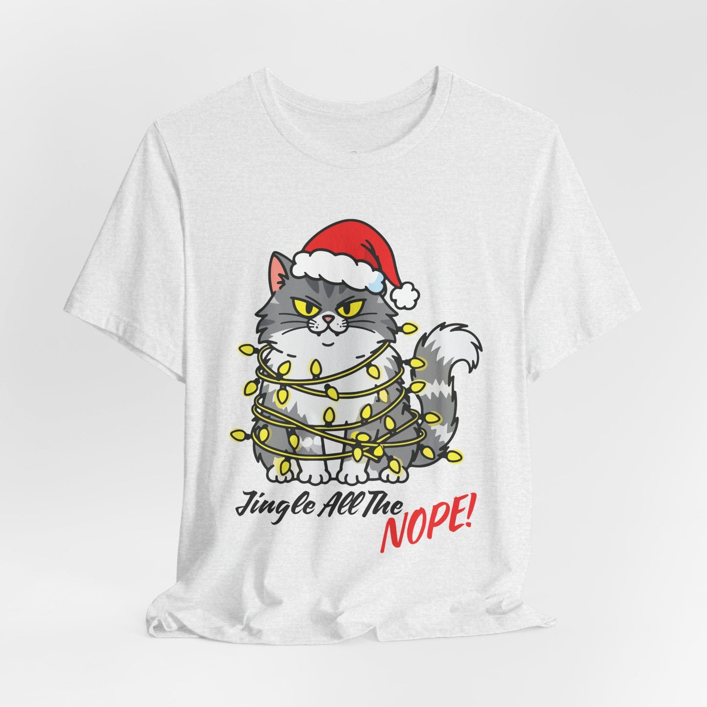 Teen/Adult Unisex Jingle All The Nope T-Shirt â€“ Grumpy Cat Christmas Lights Design Printify