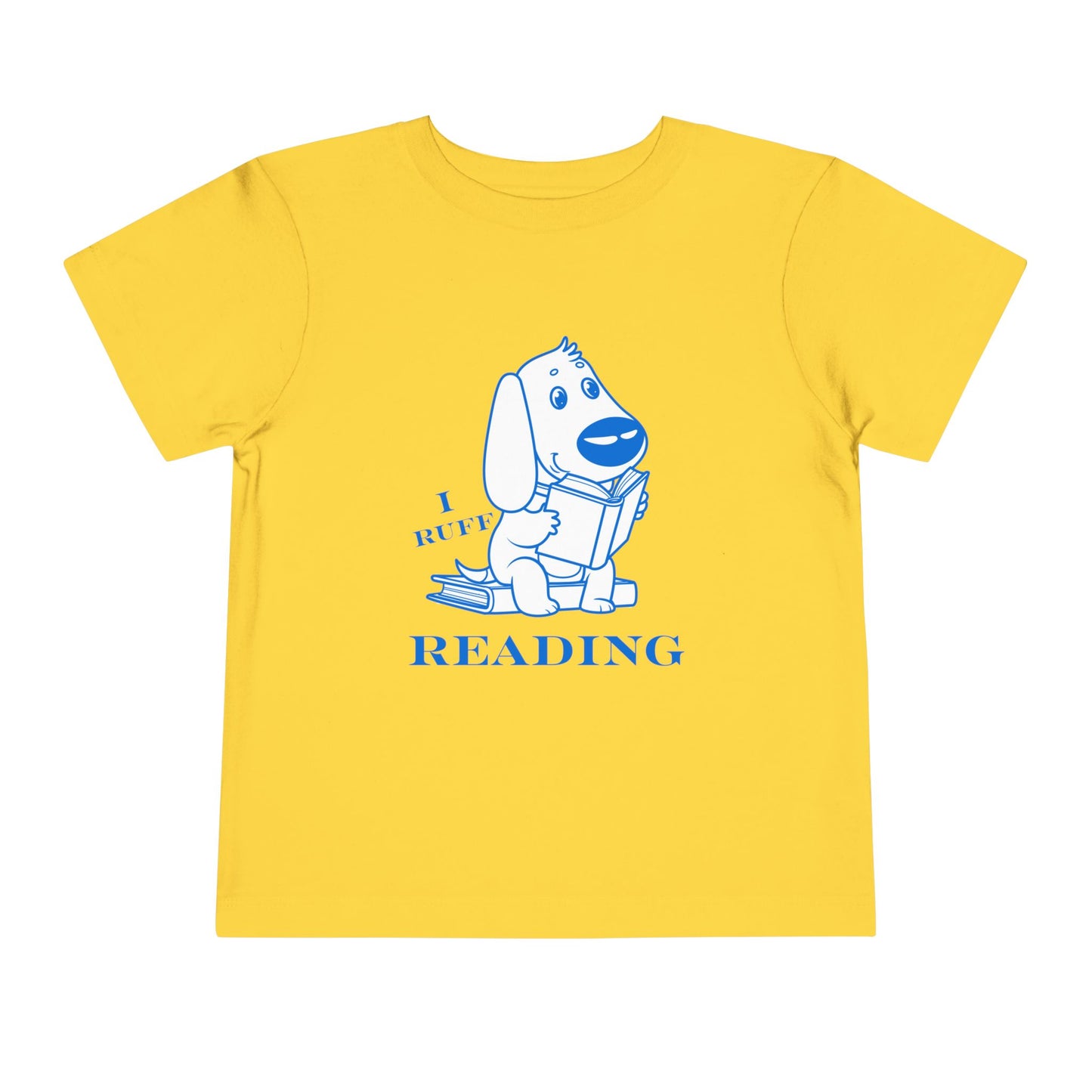 Yellow toddler t-shirt with blue and white graphic of a dog reading a book and text 'I RUFF READING'