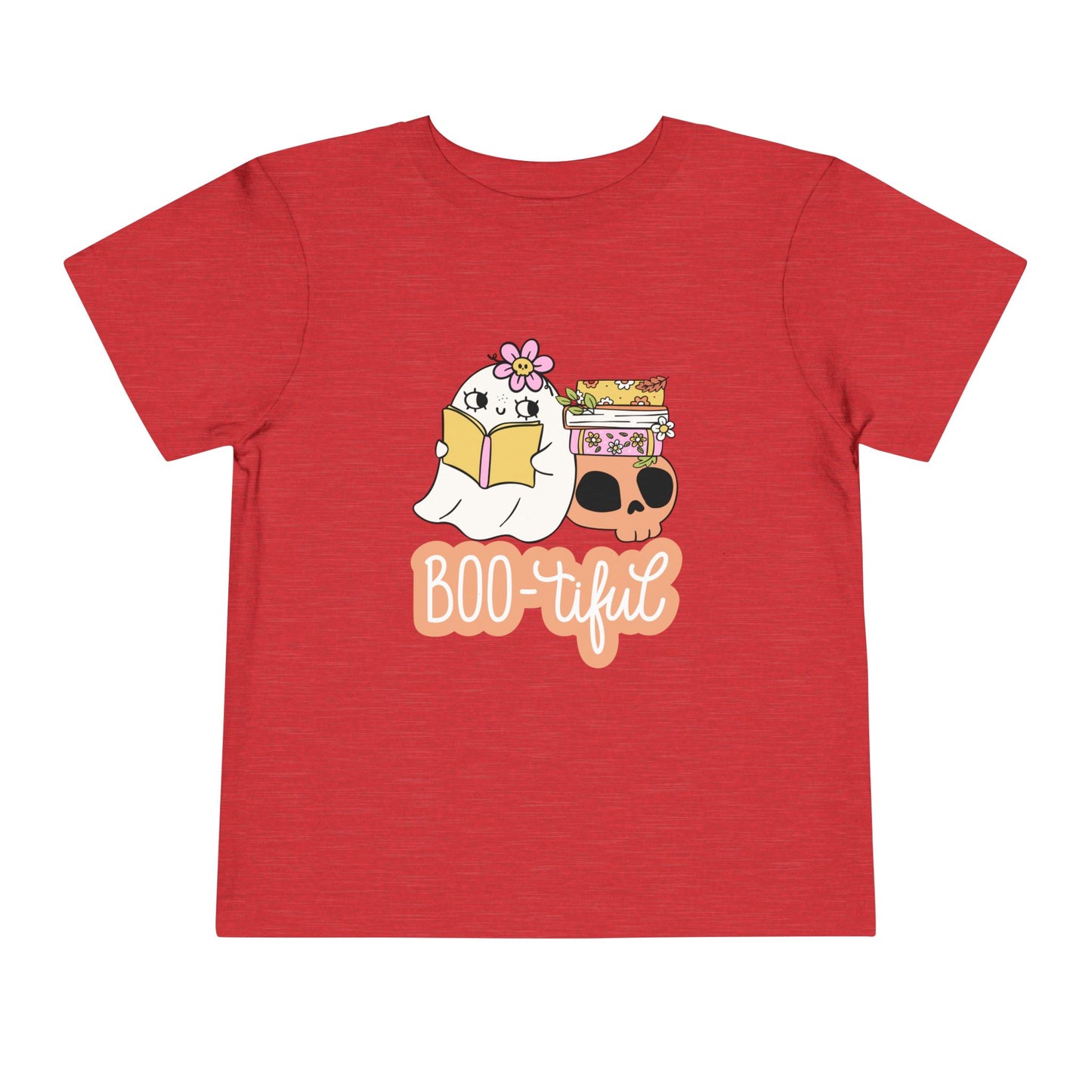 Red toddler t-shirt with a ghost reading a book and the word 'BOO-tiful' on a white background