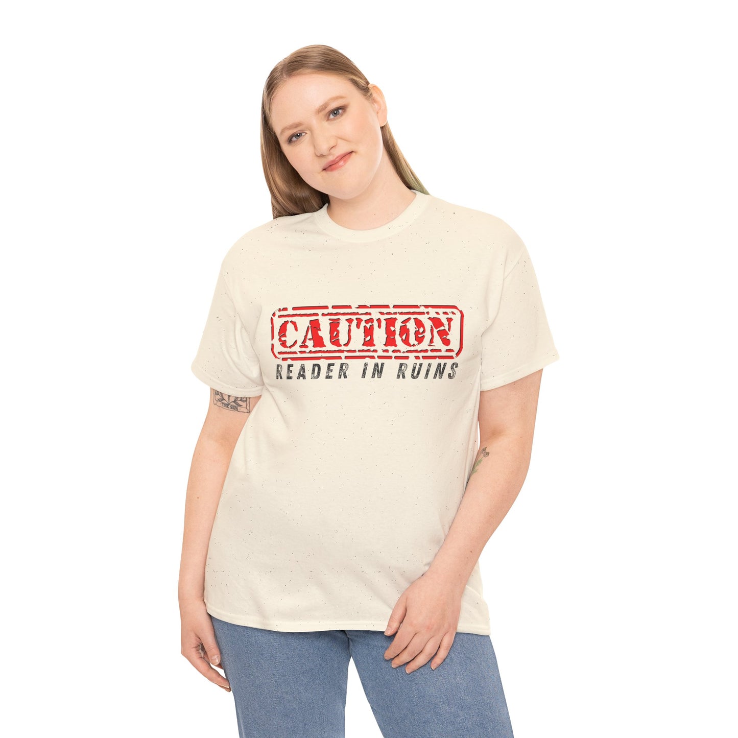 Teen/Adult Unisex Tee CAUTION Reader in Ruins (Red Caution)