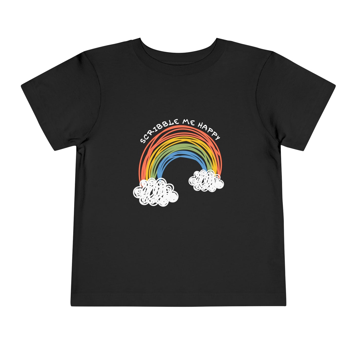 Black toddler t-shirt with a child's coloring of a rainbow and cloud design, text 'scribble me happy'