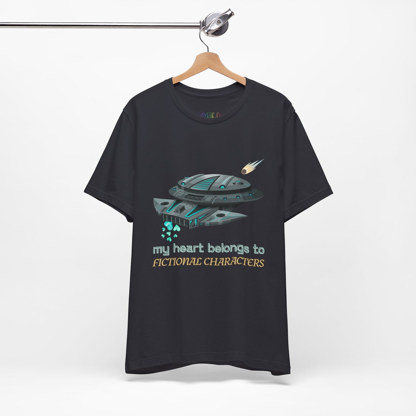 Dark grey t-shirt with a spaceship and text 'My Heart Belongs To Fictional Characters'