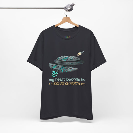 Dark grey t-shirt with a spaceship and text 'My Heart Belongs To Fictional Characters'