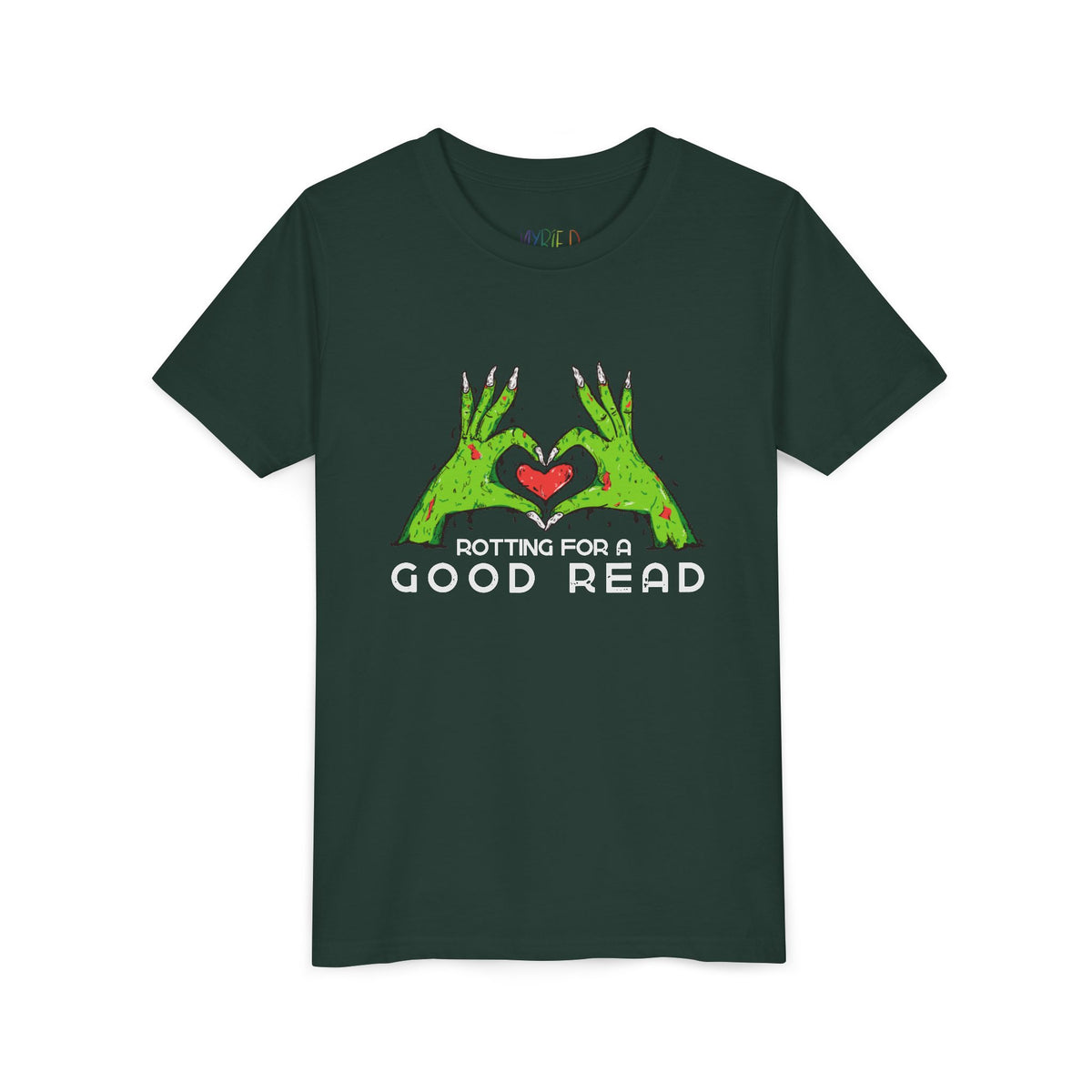 Dark green t-shirt with two zombie hands holding a heart and text "rotting for a good read"