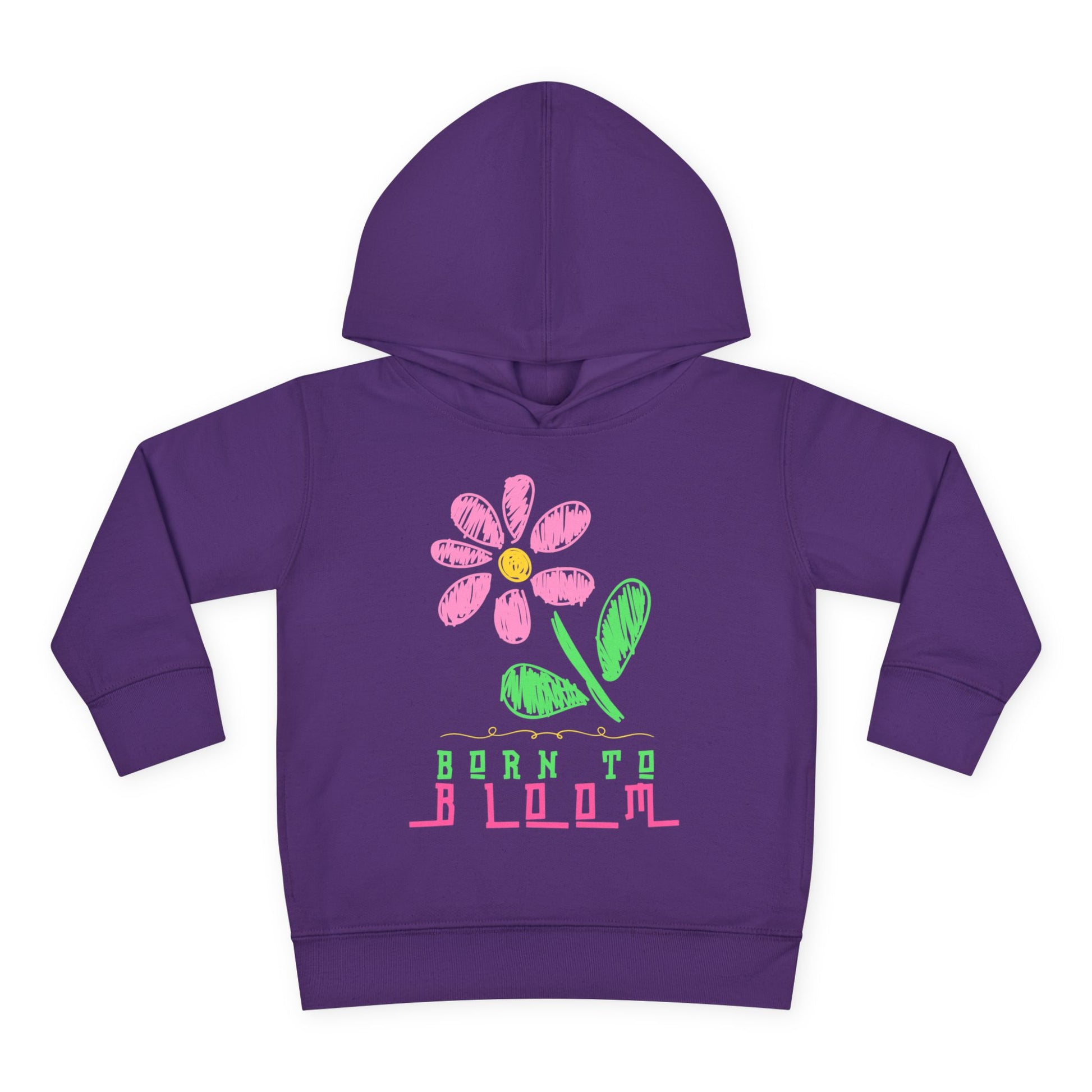 Colorful chalk-style flower with smiling petals and the words “Born to Bloom” in playful lettering — printed on a soft toddler hoodie.