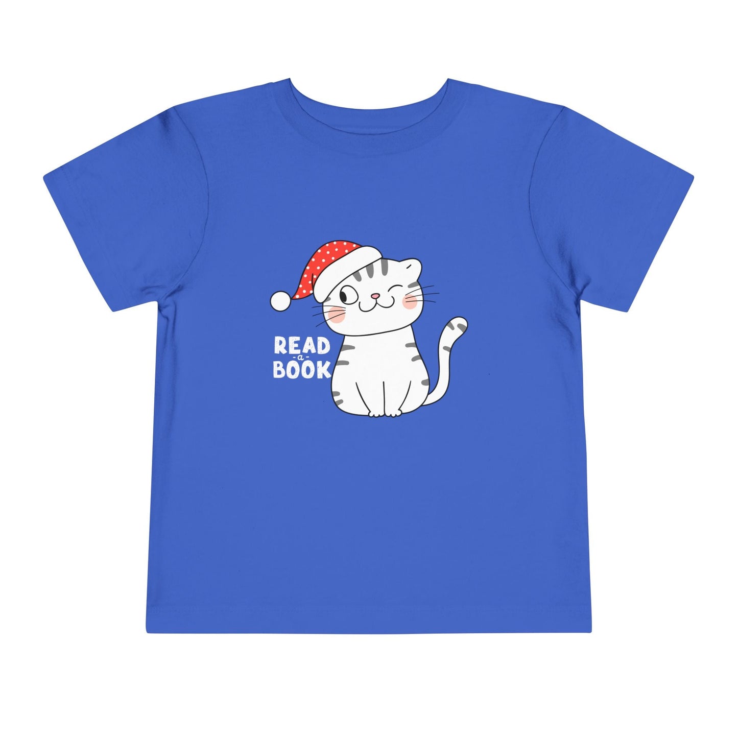 Blue toddler t-shirt with a winking cat wearing a Santa hat and 'Read a Book' text on a white background