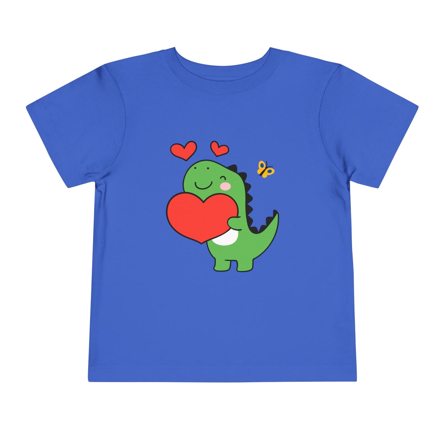 Blue toddler t-shirt with a cartoon dinosaur hugging a red heart