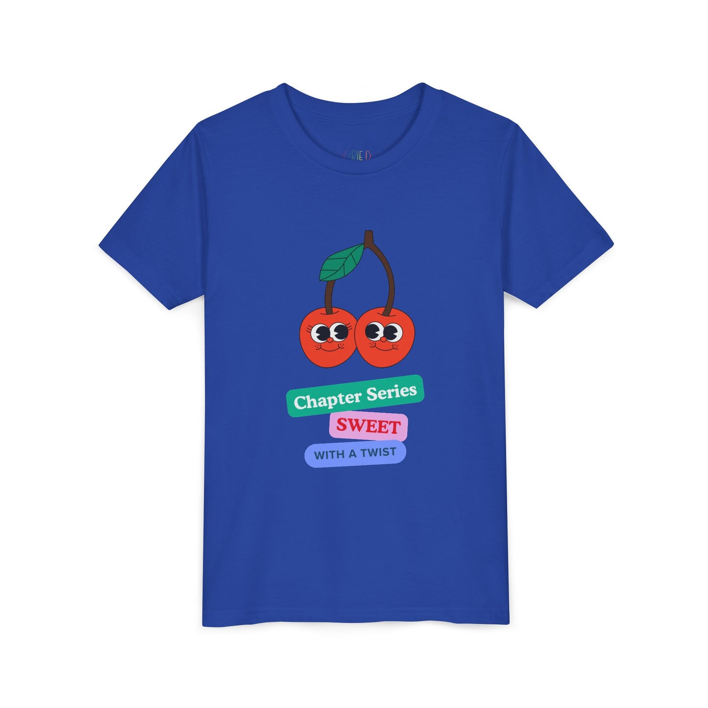 Blue t-shirt with a smiling cherry graphic and text 'Chapter Series SWEET With A Twist'