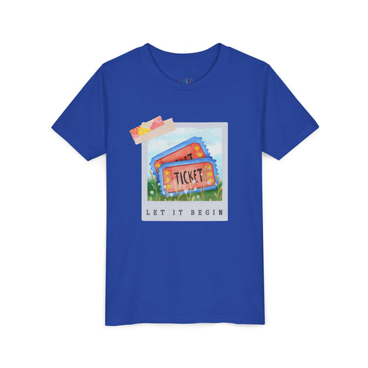 Blue t-shirt with a polaroid of two tickets and text 'Let It Begin' 