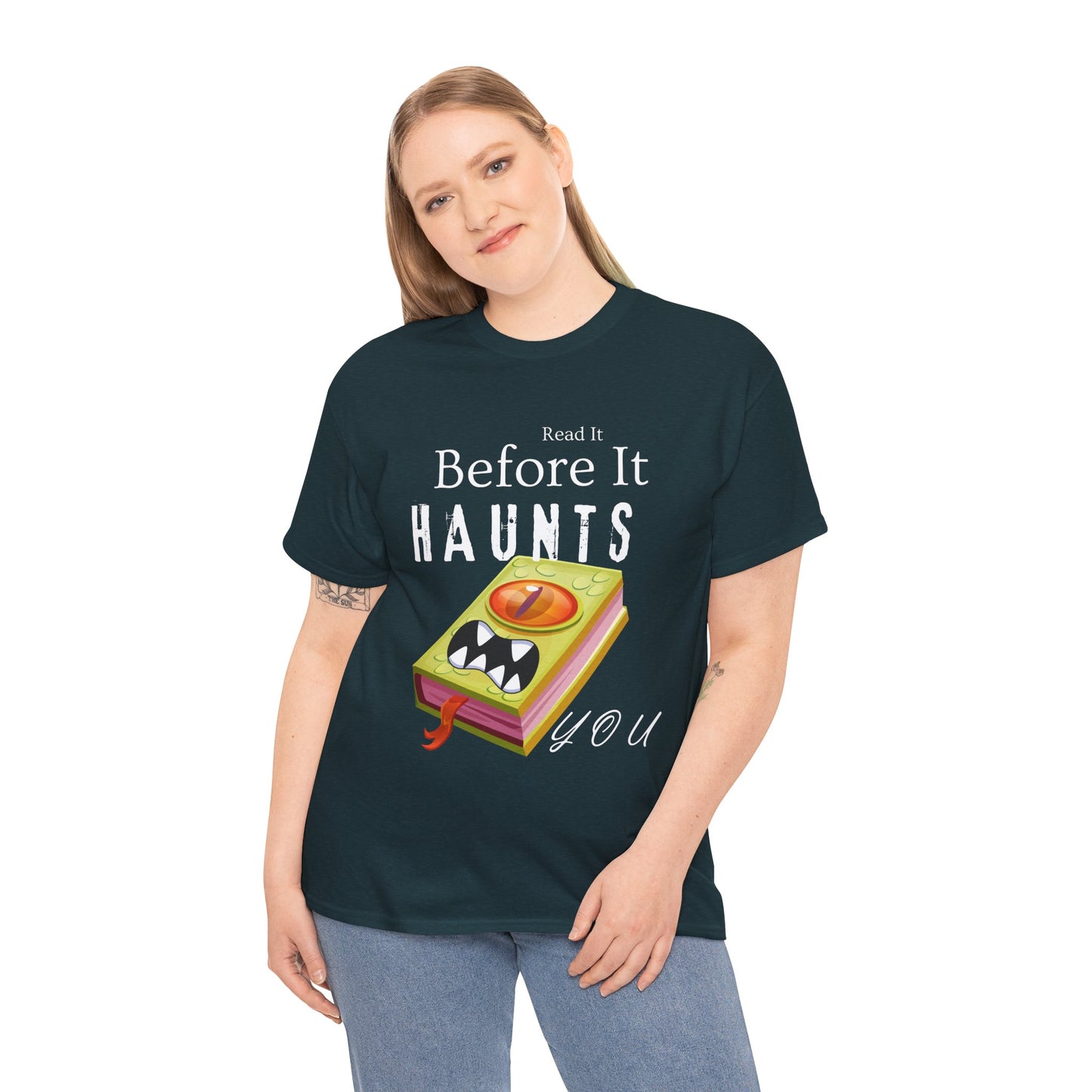 Teen/Adult Unisex Read It Before It Haunts You T-Shirt â€“ Monster Book Horror Tee