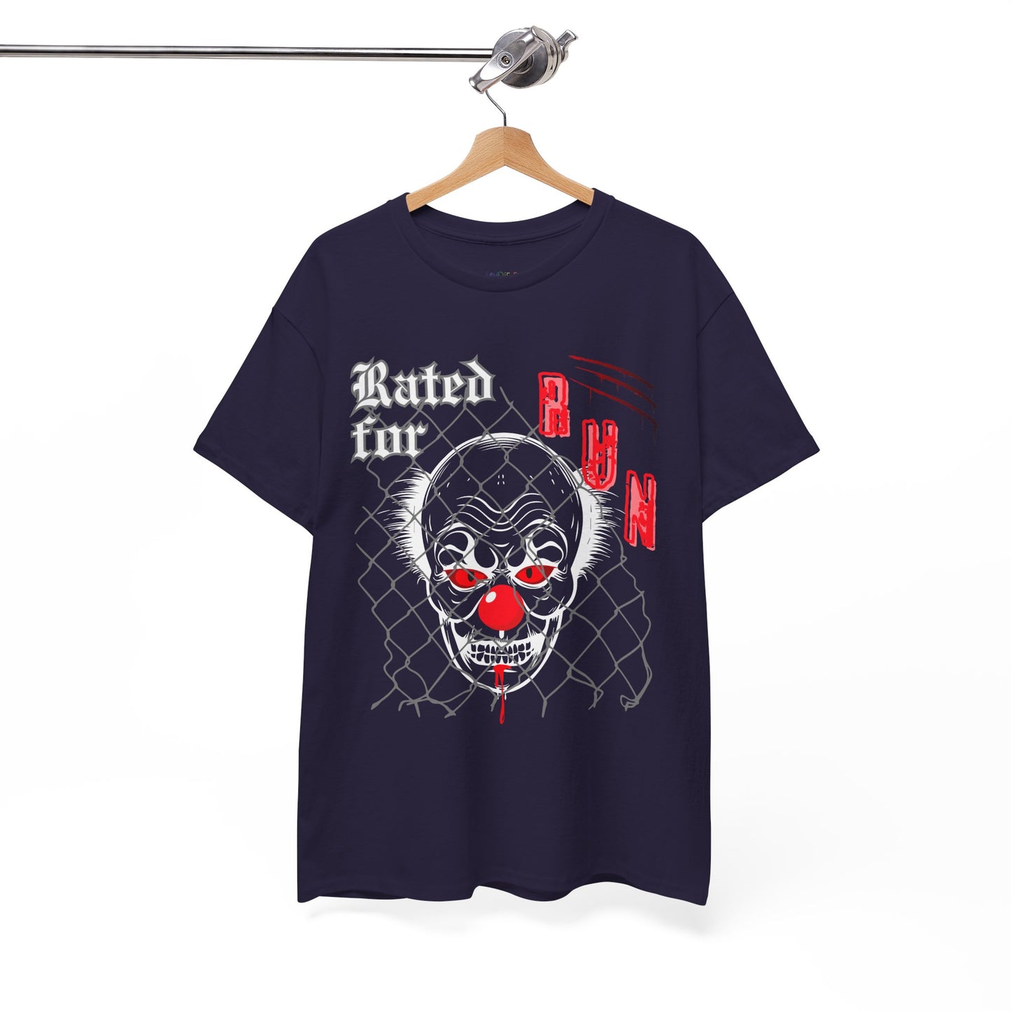 Blackberry/navy horror t-shirt with a graphic design of a scary clown face behind chain linked fence and text 'Rated for R' on a hanger against a white background