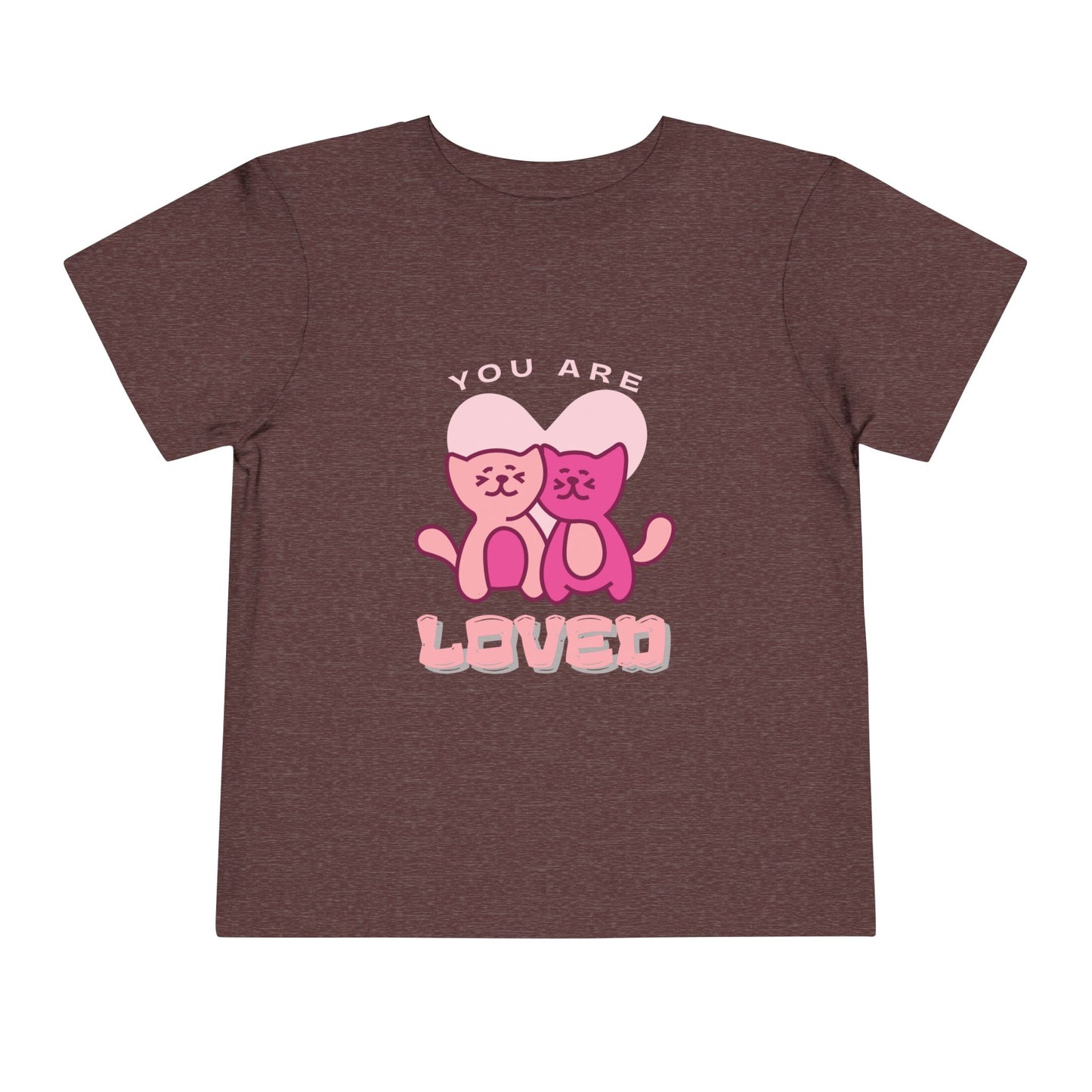 Maroon toddler t-shirt with two pink cats and 'You are loved' text 