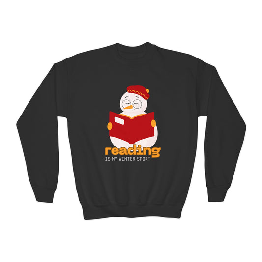 Black sweatshirt with a cartoon Santa reading a book and 'reading is my winter sport' text on a white background