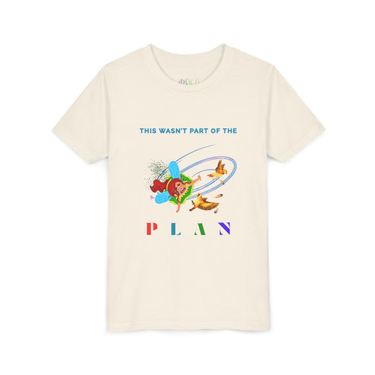 Beige t-shirt with colorful graphic of a fairy crashing into birds mid air and text 'This Wasn't Part Of The PLAN'