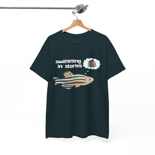 Dark (midnight) t-shirt with a fish graphic and thought bubble text 'swimming in stories' 