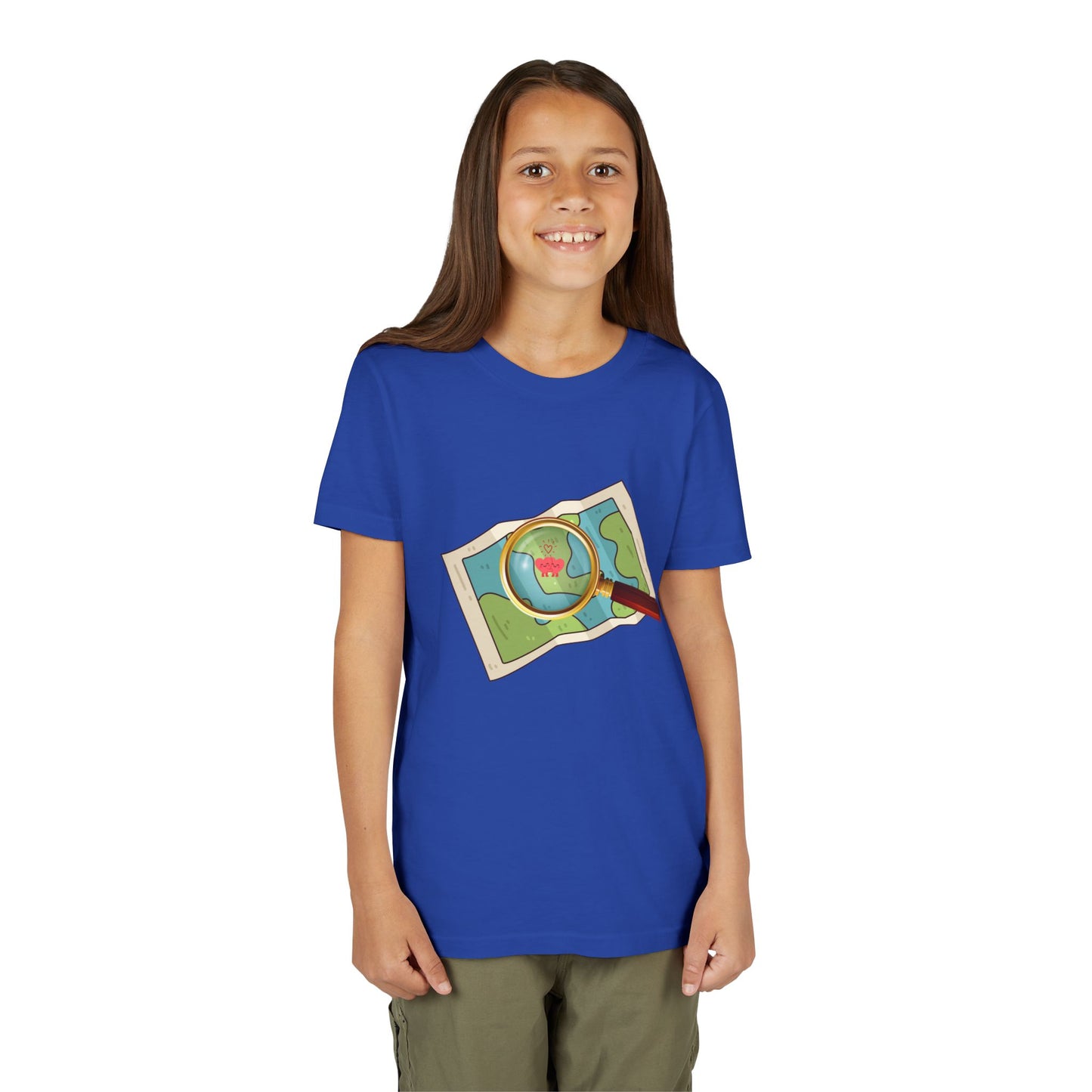 Girl wearing a blue t-shirt with a map and a magnifying glass highlighting two heart characters