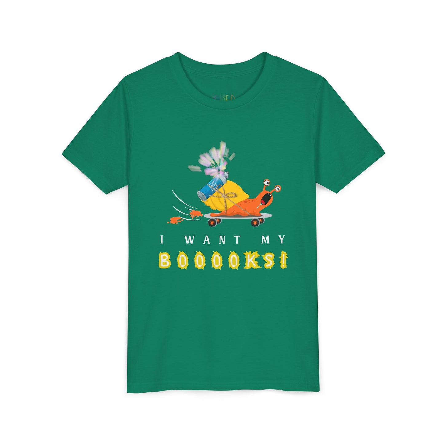 Green t-shirt with screaming cartoon snail on a skateboard, NOS strapped to it's back, and text 'I want my Boooks!' 