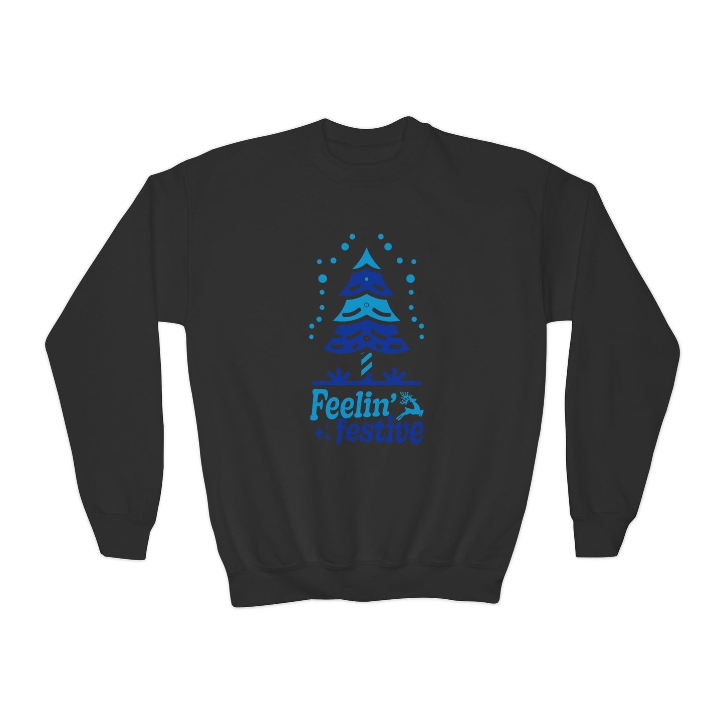 Youth Feelinâ€™ Festive Sweatshirt â€“ Blue Holiday Tree Design Printify