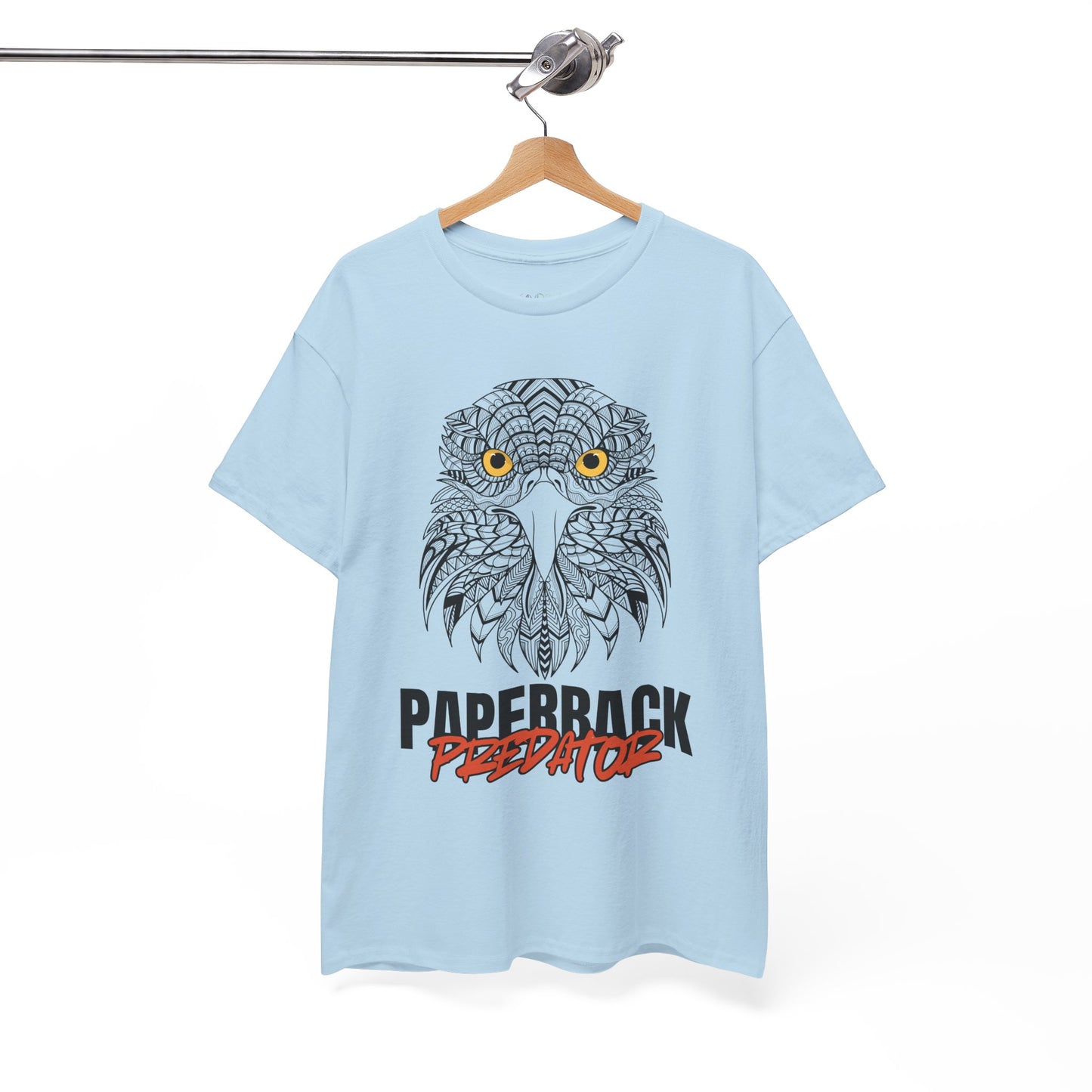 Light blue t-shirt with a yellow eyed hawk and text 'PAPERBACK PREDATOR' 