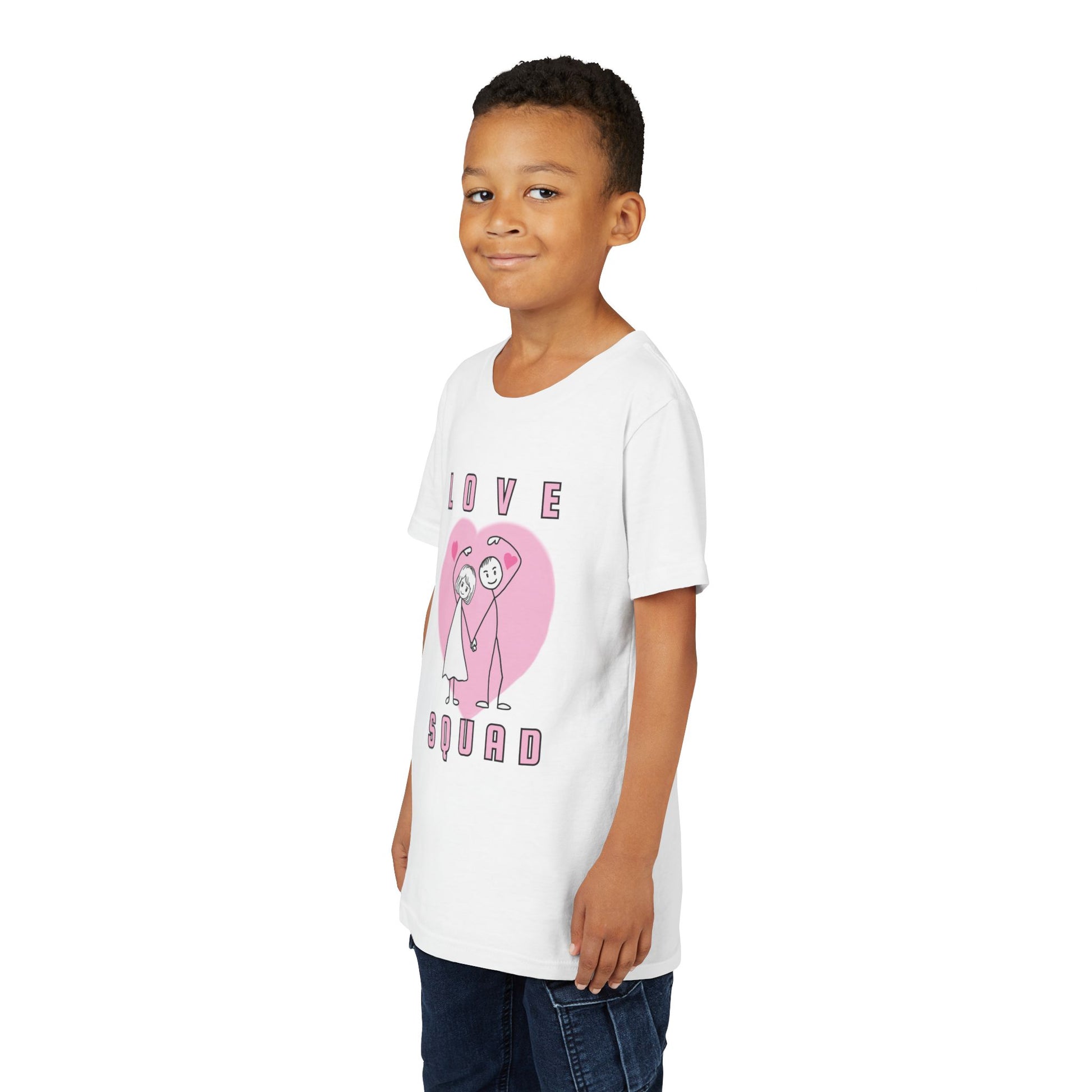 Boy wearing a white t-shirt with 'Love Squad' stick figure design, a large pink heart and text 'Love Squad' 