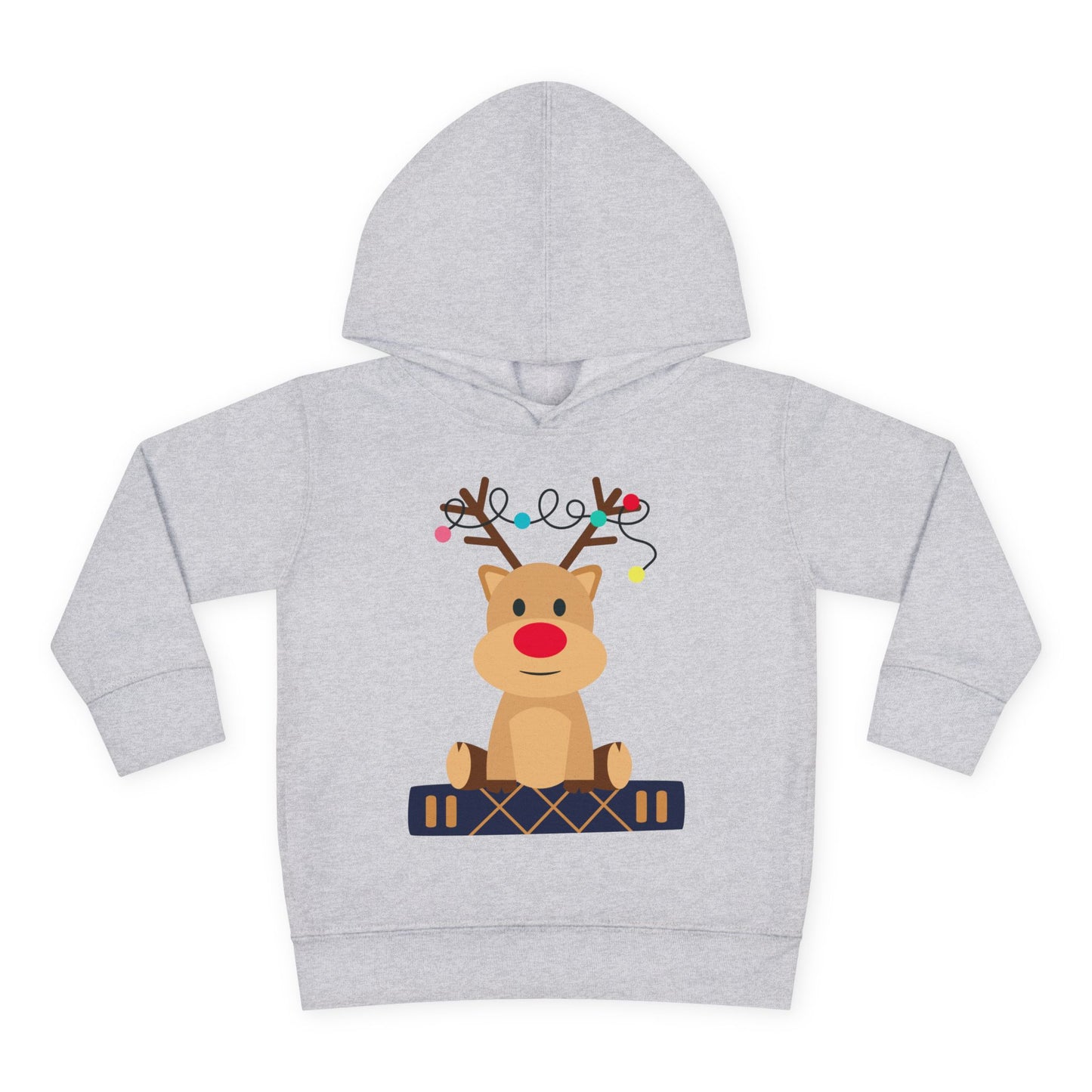 Gray toddler hoodie with a reindeer sitting on a book and colorful Christmas lights tangled in it's antlers, on a white background