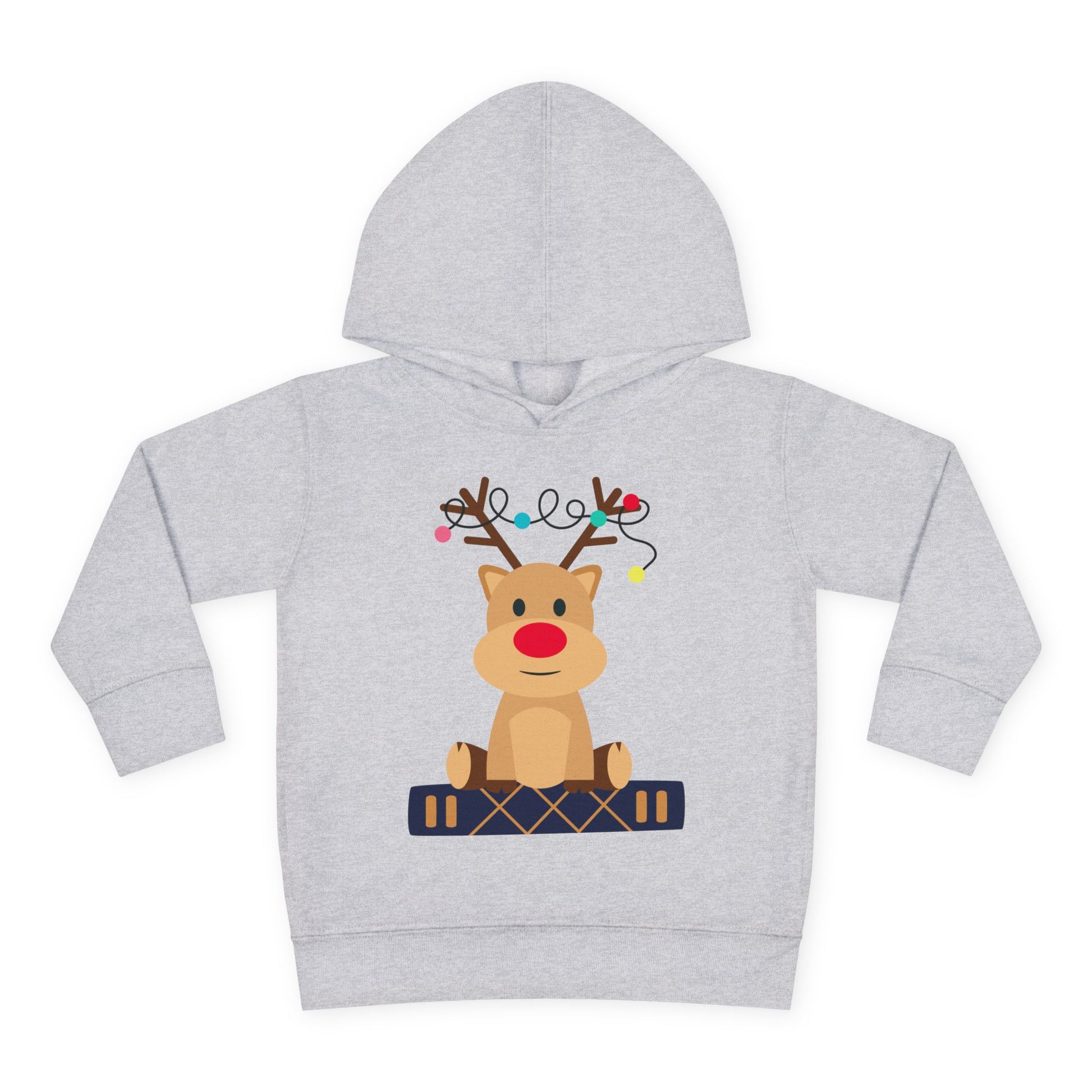 Gray toddler hoodie with a reindeer sitting on a book and colorful Christmas lights tangled in it's antlers, on a white background