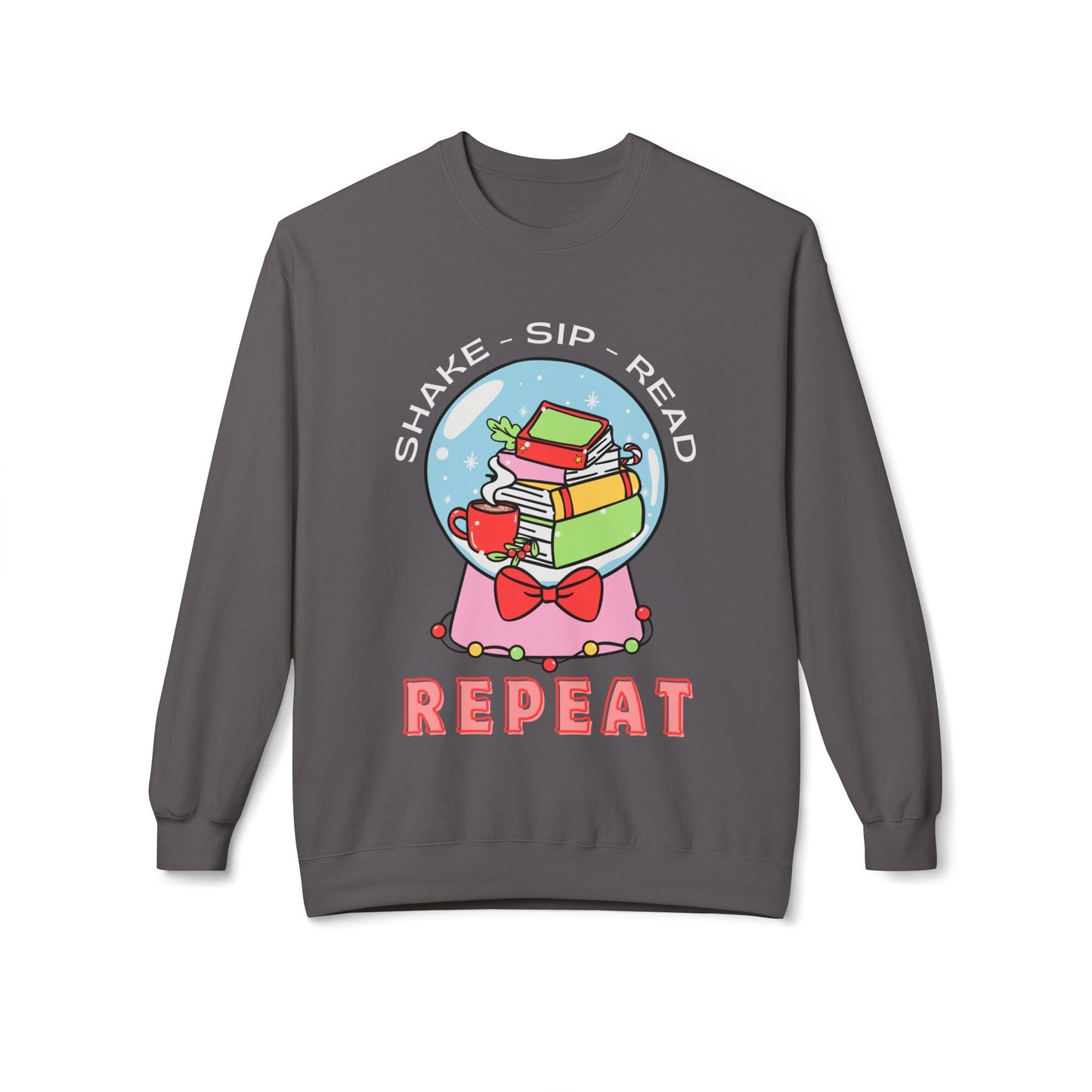 Teen/Adult Unisex Shake Sip Read Repeat Sweatshirt â€“ Festive Holiday Book Snow Globe Design Printify