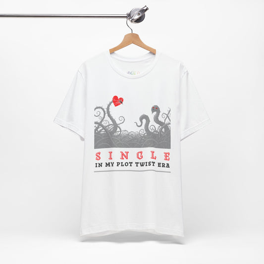White t-shirt with thorny vines stabbed through a heart and text 'SINGLE. In My Plot Era' 