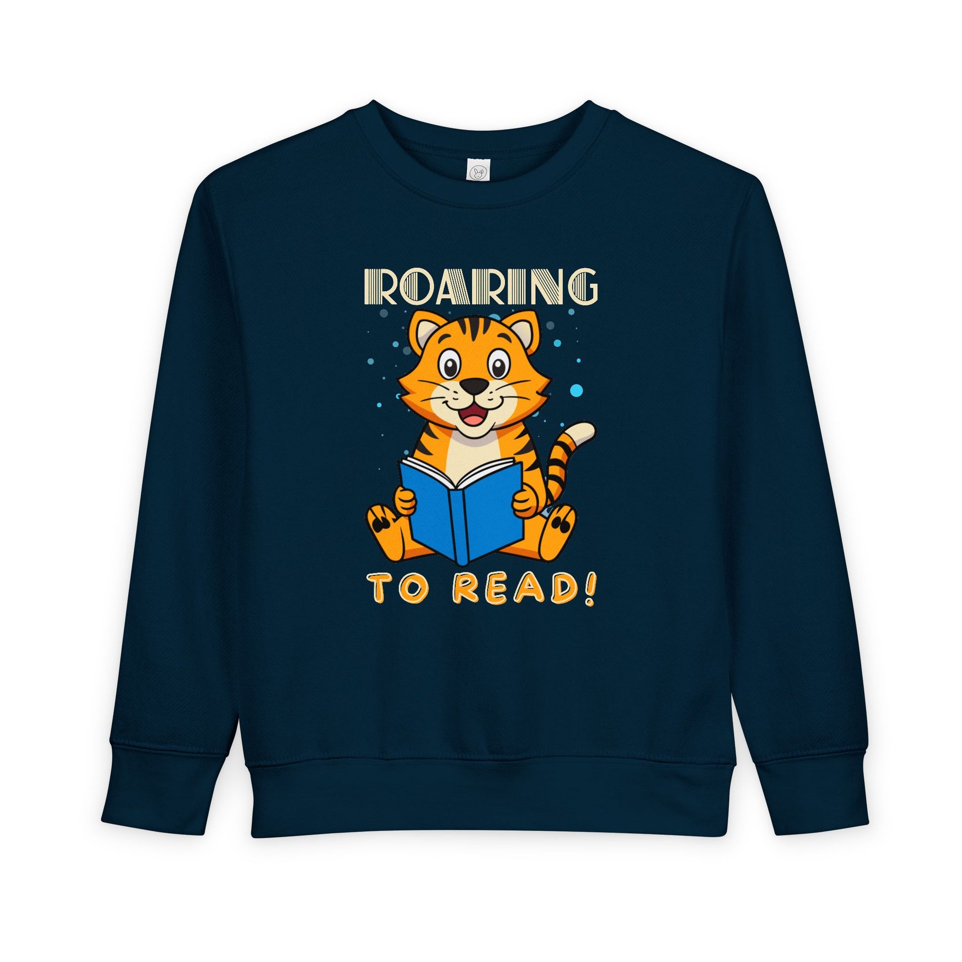 Navy blue toddler sweatshirt with a tiger reading a book graphic and 'Roaring to Read!' text 