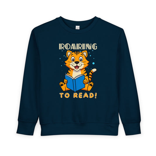 Toddler Roaring to Read Sweatshirt – Cute Tiger Reading Crewneck for Little Book Lovers