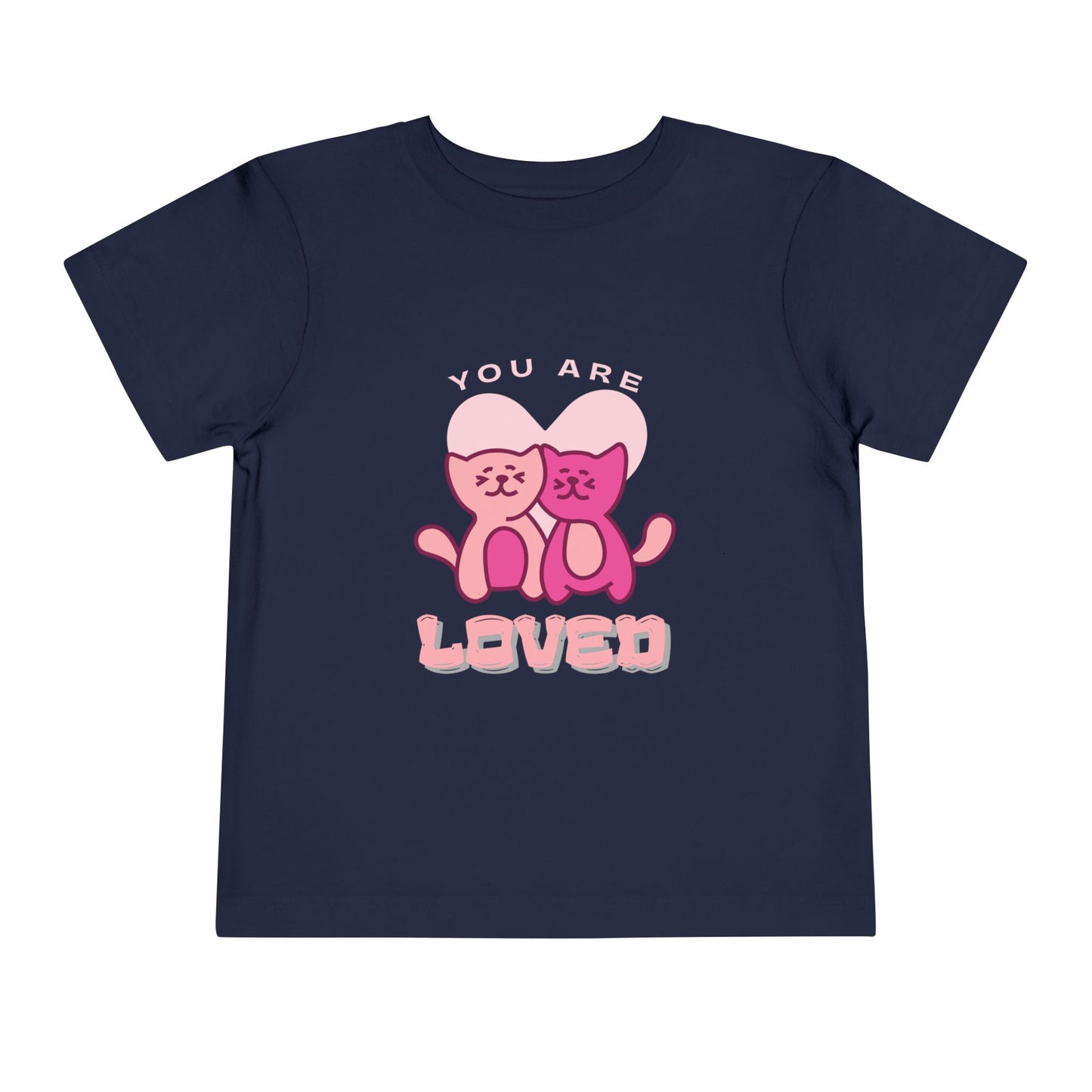 Navy blue toddler t-shirt with two pink cats and 'You are loved' text 