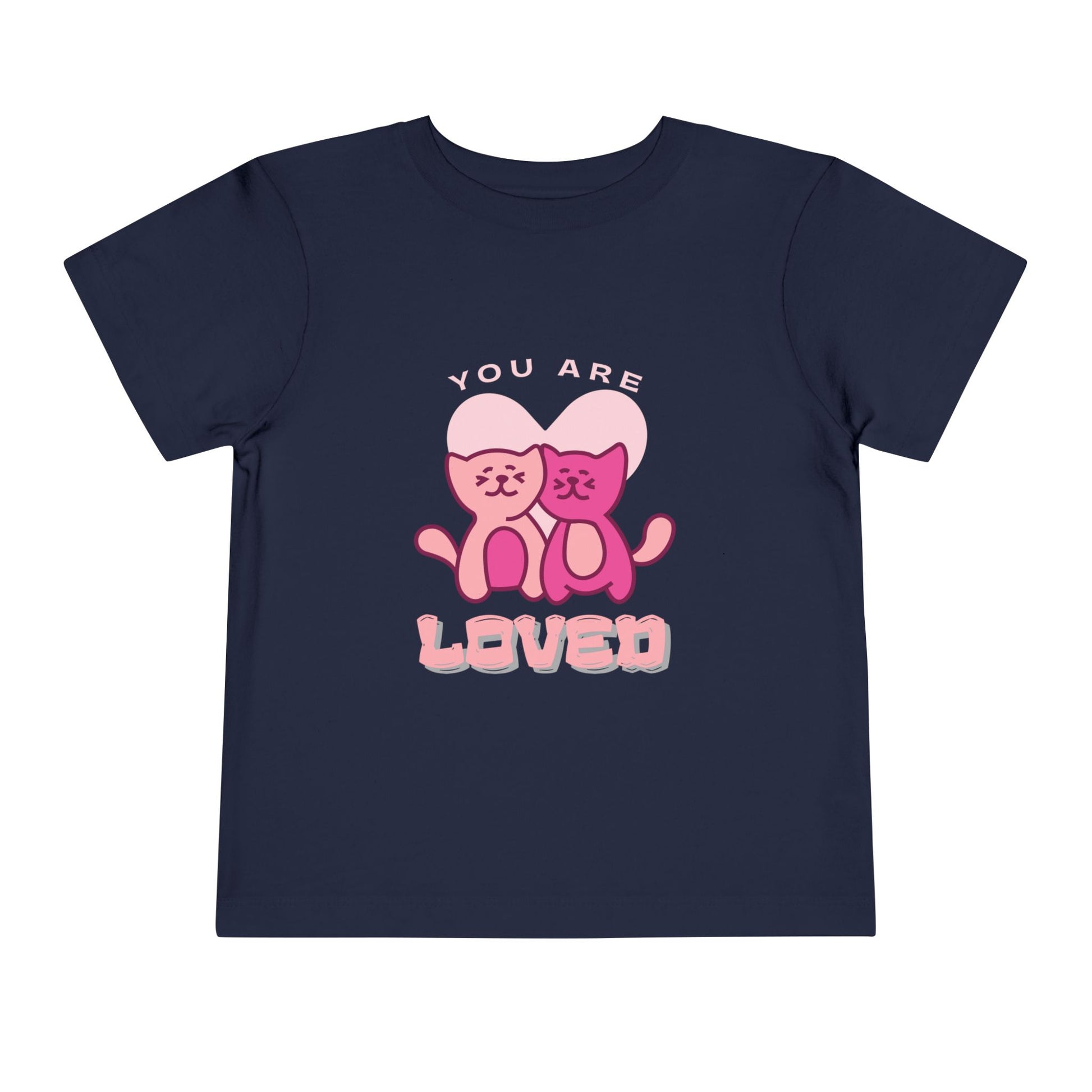 Navy blue toddler t-shirt with two pink cats and 'You are loved' text 